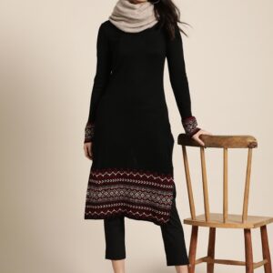 Sangria - Women Black & Maroon Geometric Self Design Straight Winter Kurta