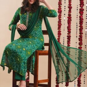 GoSriKi - Bandhani Printed Straight Kurta With Trousers & Dupatta