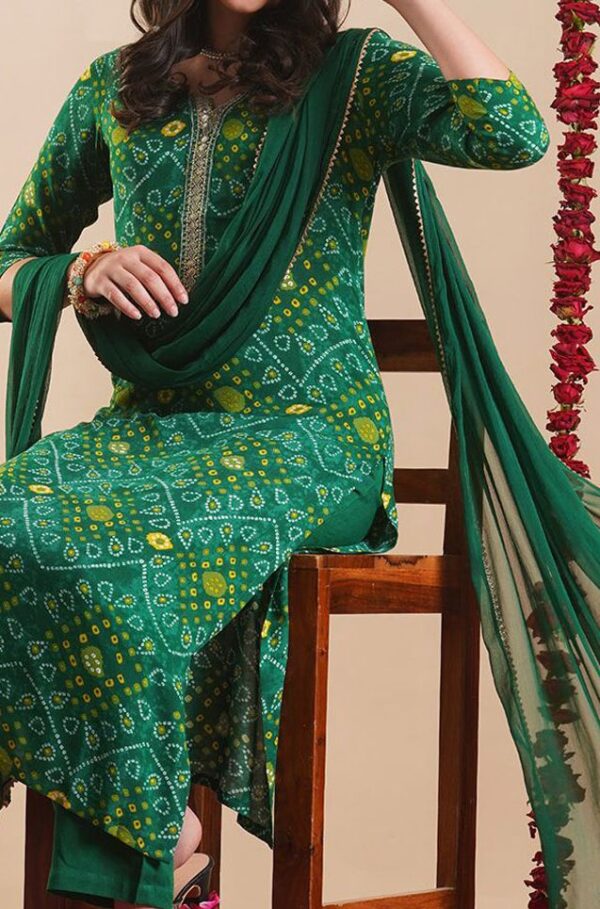 GoSriKi - Bandhani Printed Straight Kurta With Trousers & Dupatta - Image 3
