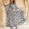 KALINI - Floral Printed Anarkali Pure Cotton Kurta with Trousers & Dupatta - Image 7