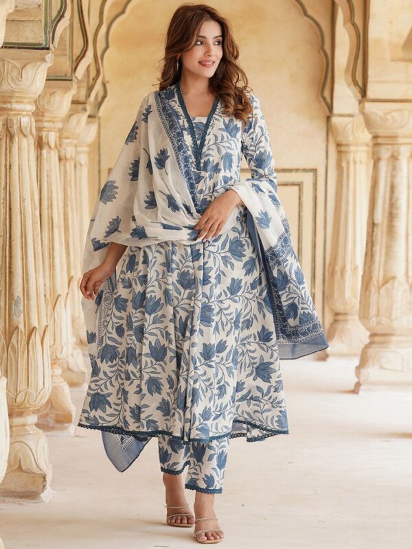 KALINI - Floral Printed Anarkali Pure Cotton Kurta with Trousers & Dupatta - Image 3