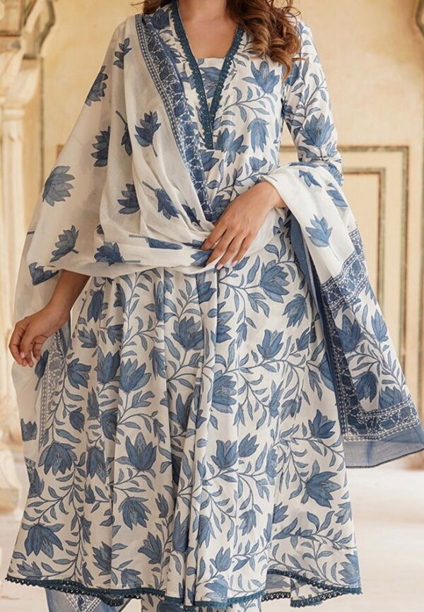 KALINI - Floral Printed Anarkali Pure Cotton Kurta with Trousers & Dupatta - Image 4