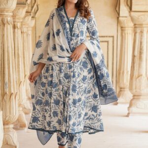 KALINI - Floral Printed Anarkali Pure Cotton Kurta with Trousers & Dupatta