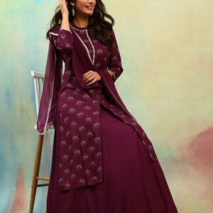 Khushal K Floral Printed Band Collar Straight Kurta & Skirt With Dupatta