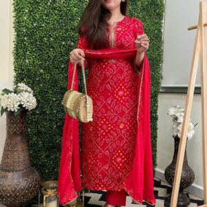 GoSriKi - Bandhani Printed Round Neck Straight Kurta With Trousers & Dupatta